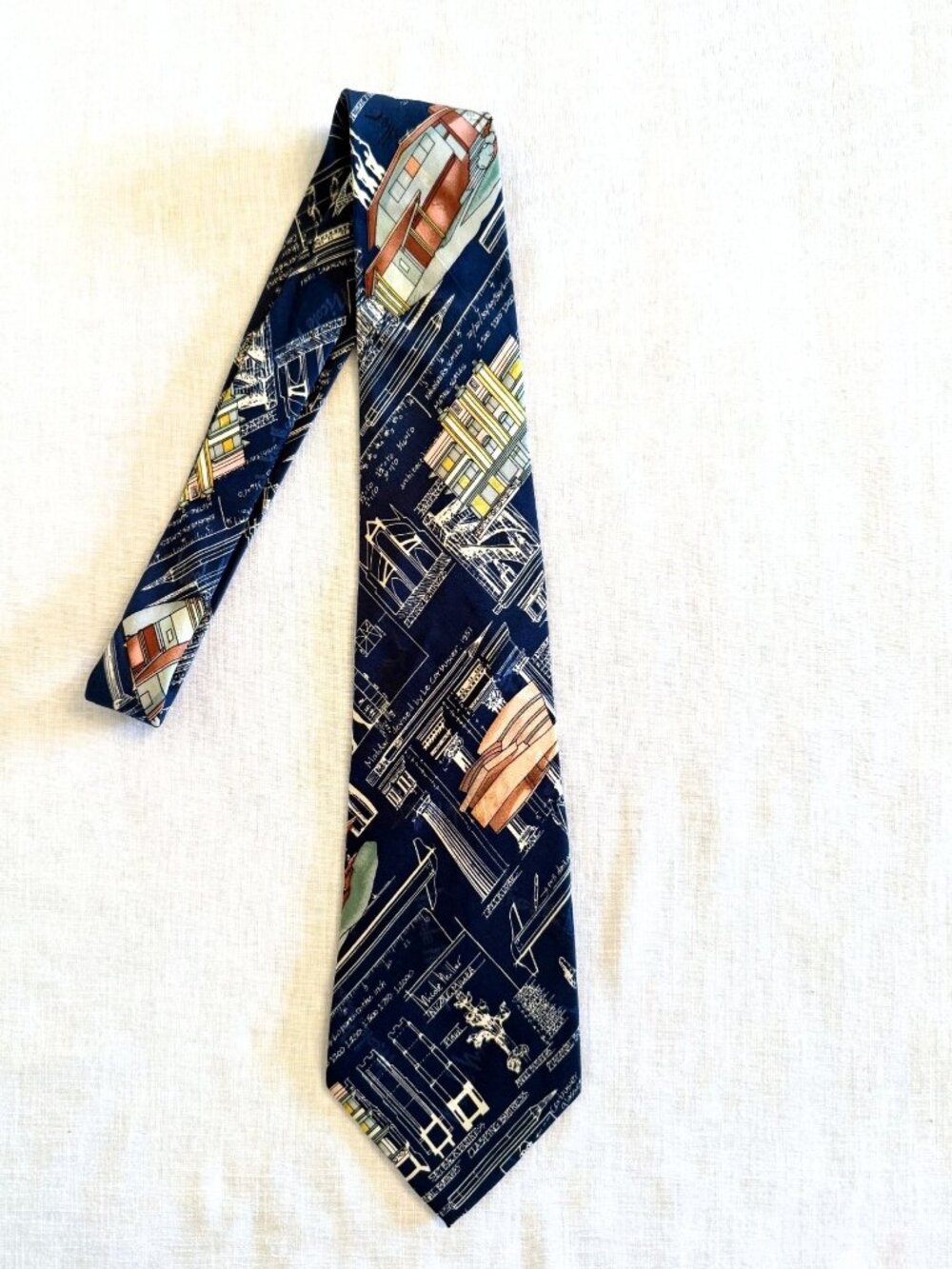 Vintage Nicole Miller 57in Tie Silk Architectural Blueprint 1994 Designer